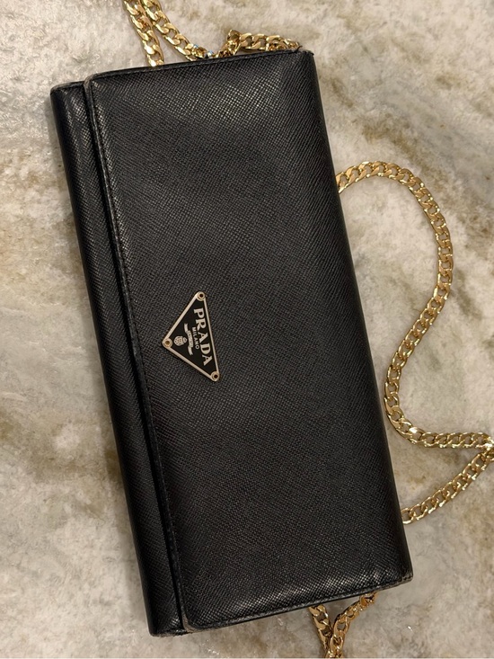 Prada Handbags - Prada Black Saffiano Leather Chain Wallet with Gold Hardware